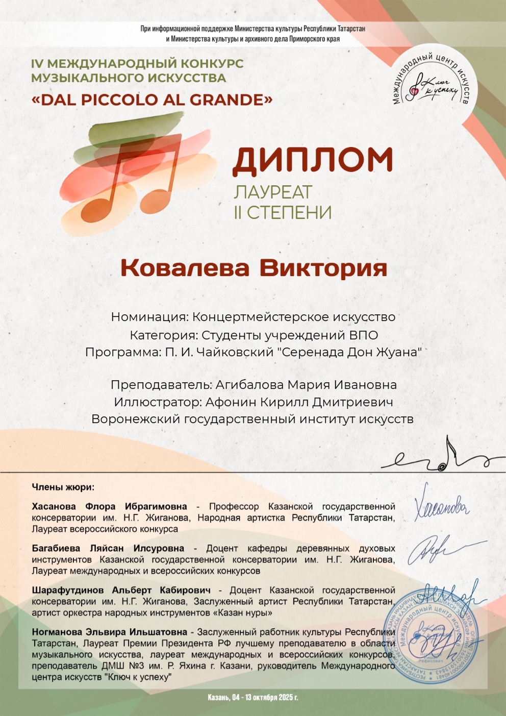 Поздравляем студентов музыкального факультета Лидию Сафину, Викторию Ковалеву, а также их педагога по классу концертмейстерского мастерства - доцента М.И. Агибалову с очень хорошим результатом на престижном Международном конкурсе!